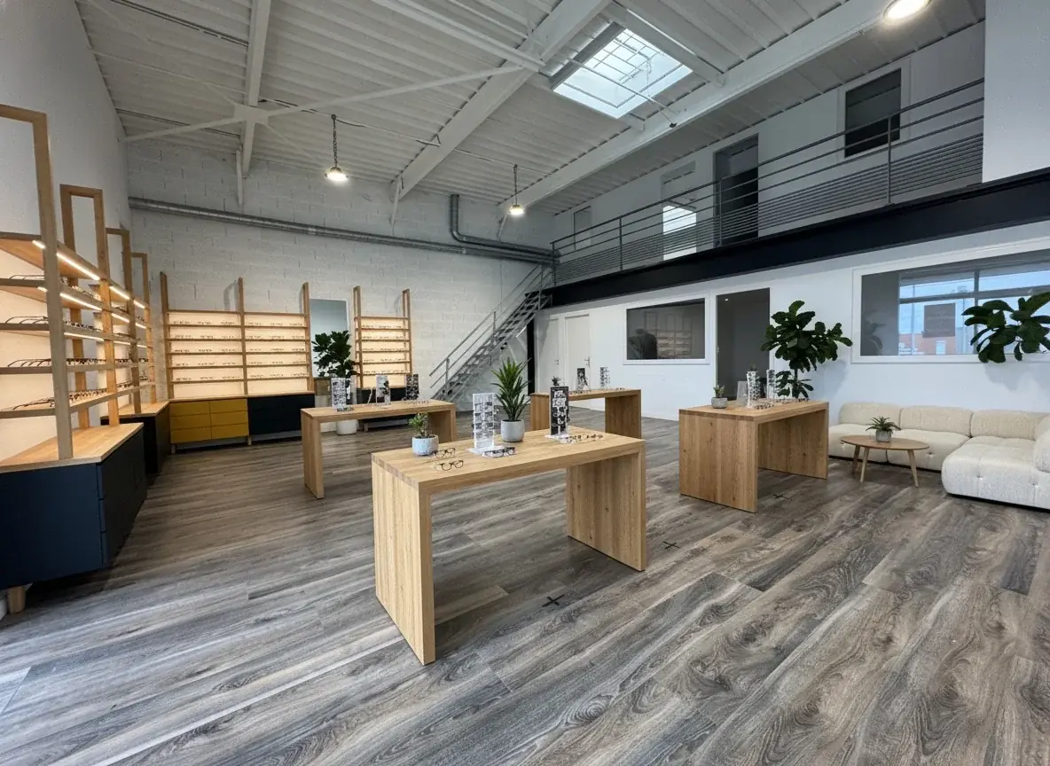 Intérieur de la boutique Lunéoo à Montauban-de-Bretagne : présentoirs de montures et espace d'accueil