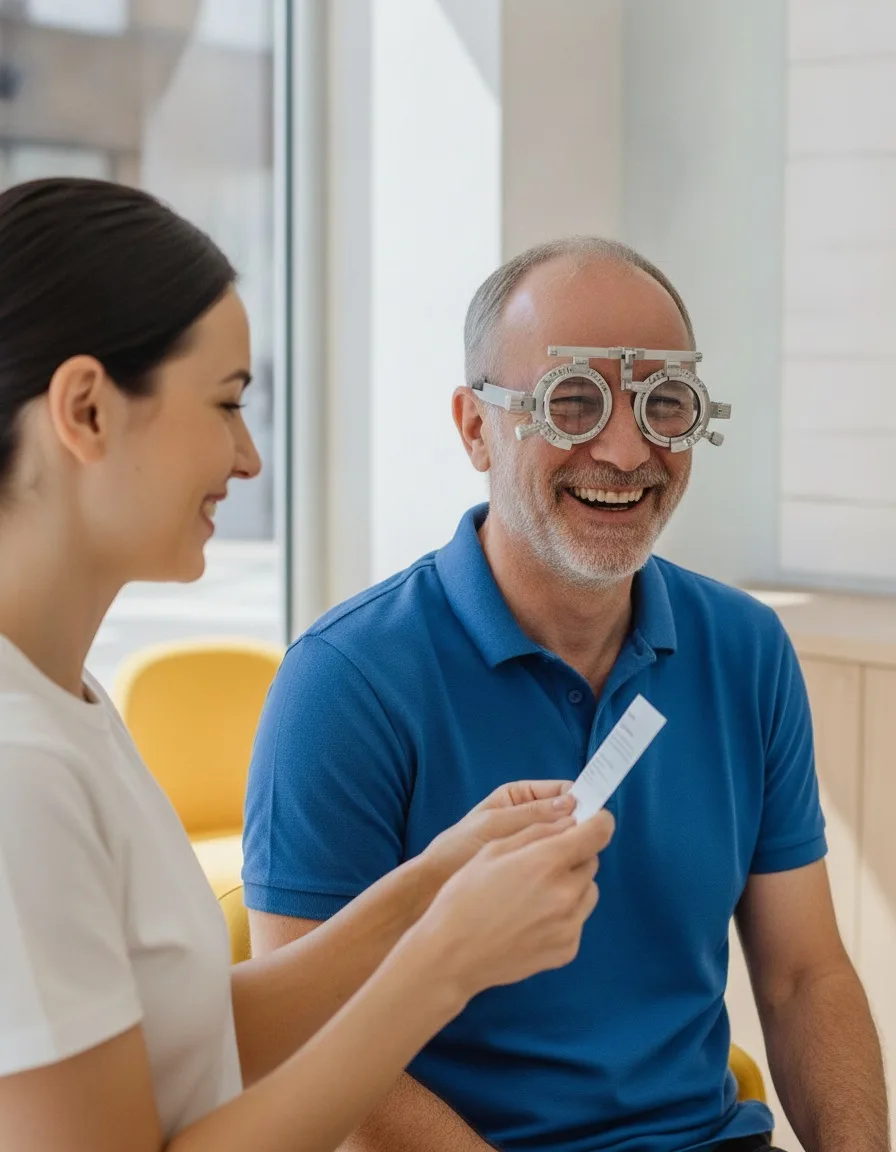 Client souriant essayant un verre d'essai lors d'un test de vue chez Lunéoo