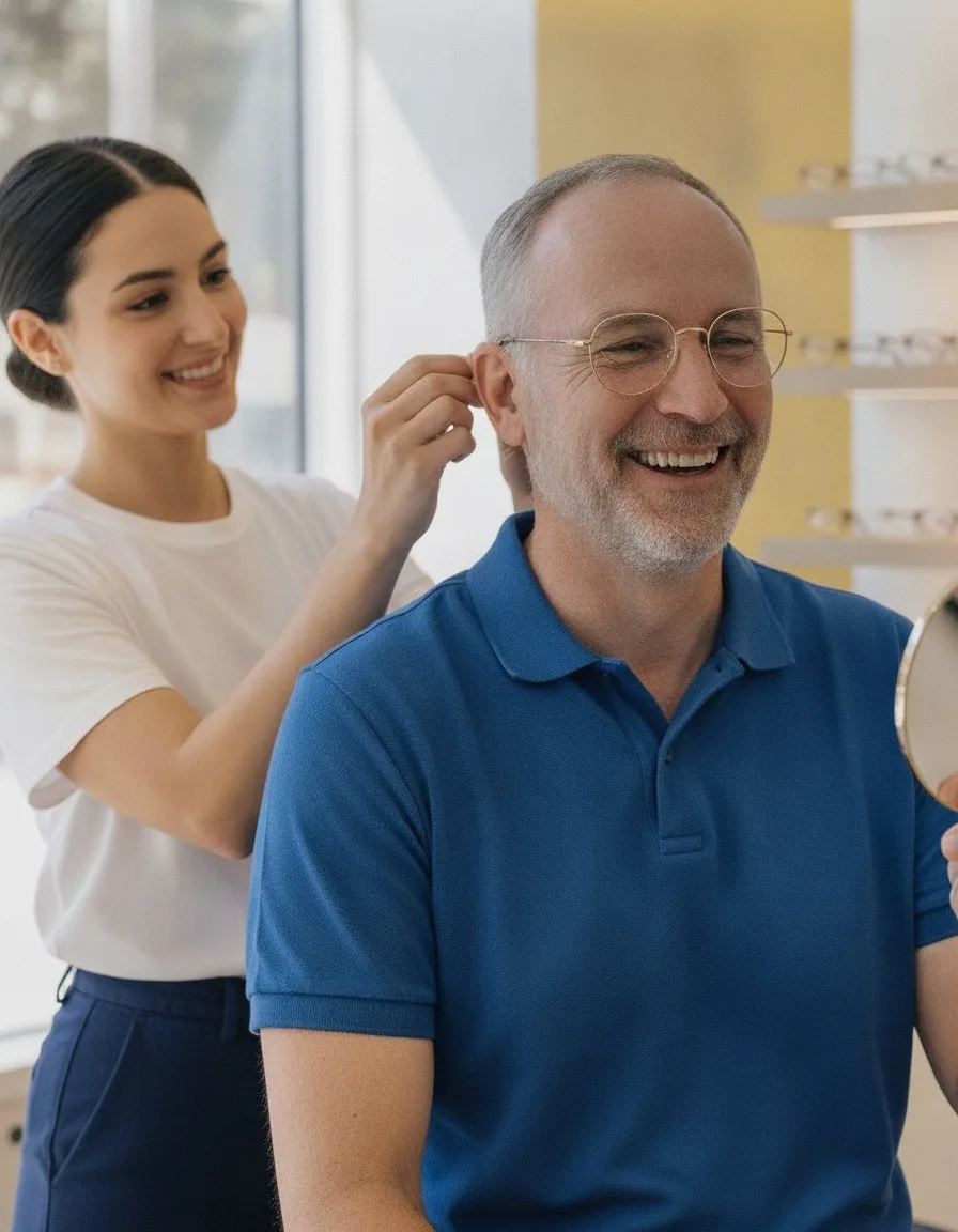L'opticienne ajuste la branche d'une monture sur le visage d'un client