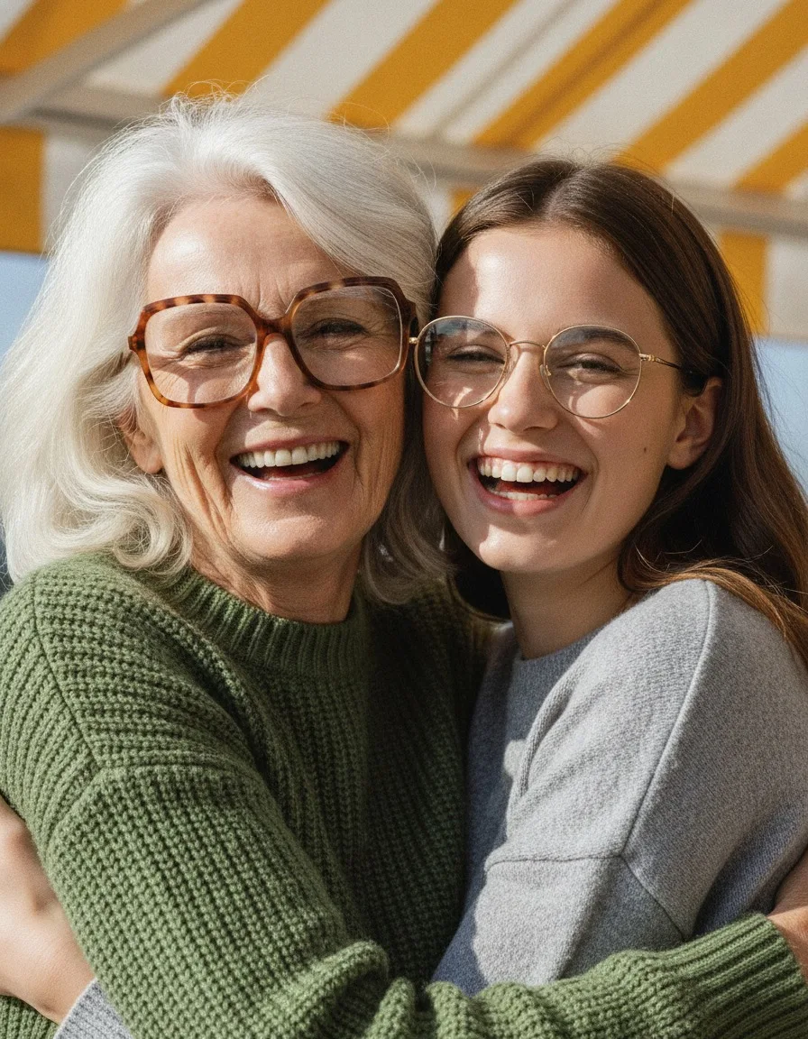 Une grand-mère et sa petite-fille, toutes deux en lunettes, s'enlaçant en riant devant une cabane de plage rayée