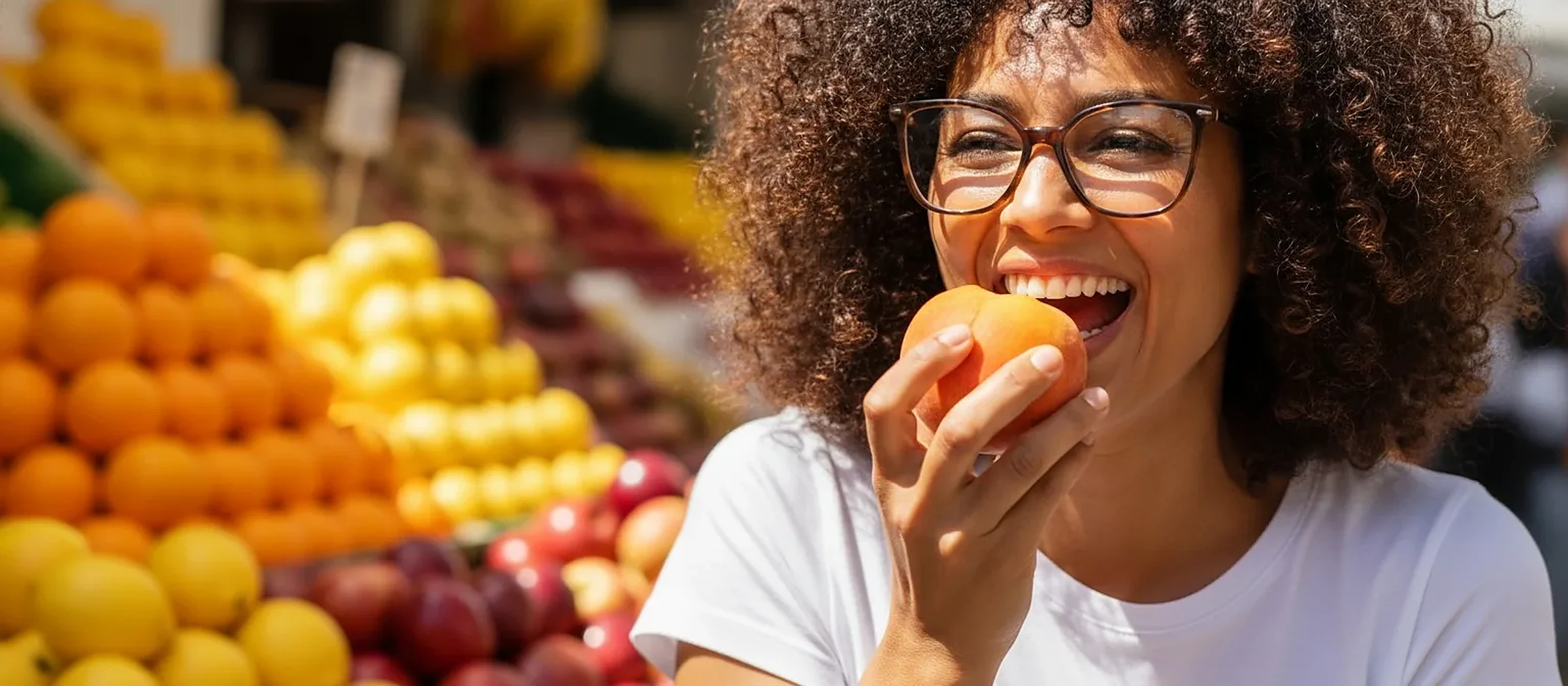 Femme aux cheveux bouclés portant des lunettes, croquant un fruit au marché