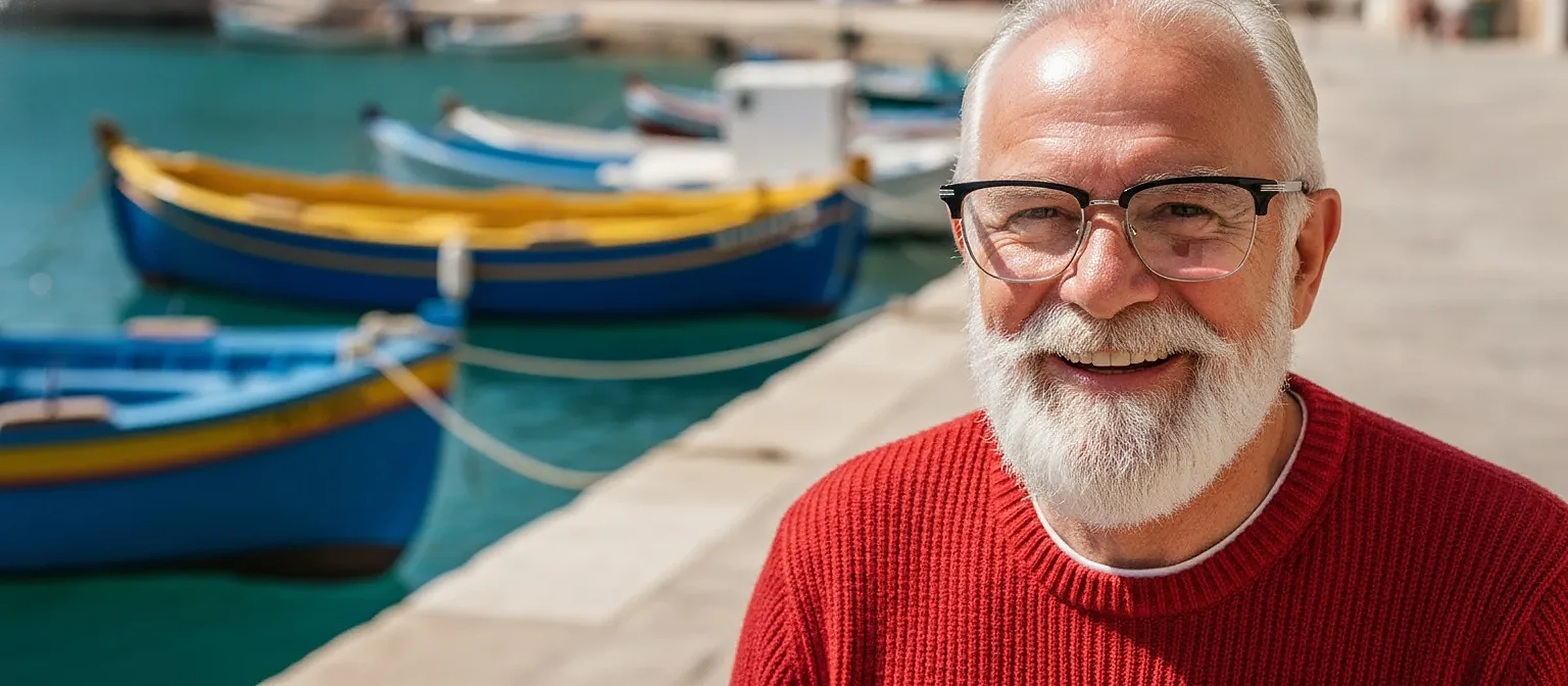 Homme souriant à la barbe blanche portant des lunettes, pull rouge, port de pêche