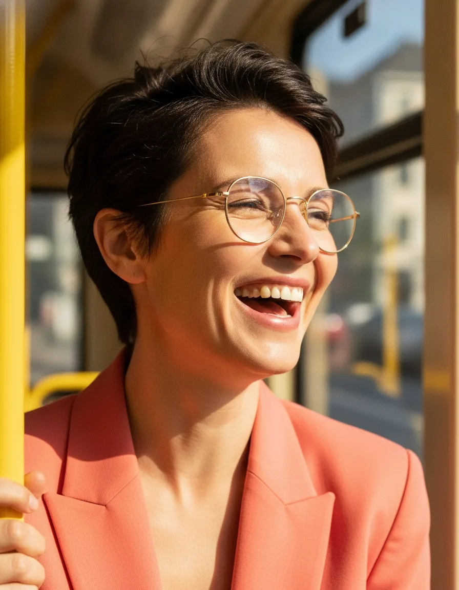 Femme riant aux cheveux courts, lunettes rondes dorées, blazer corail, dans un tramway