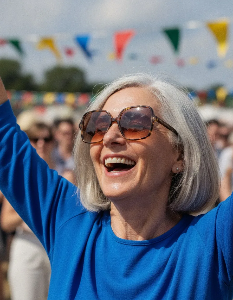 Femme aux cheveux gris riant, bras levé, lunettes de soleil, fanions colorés