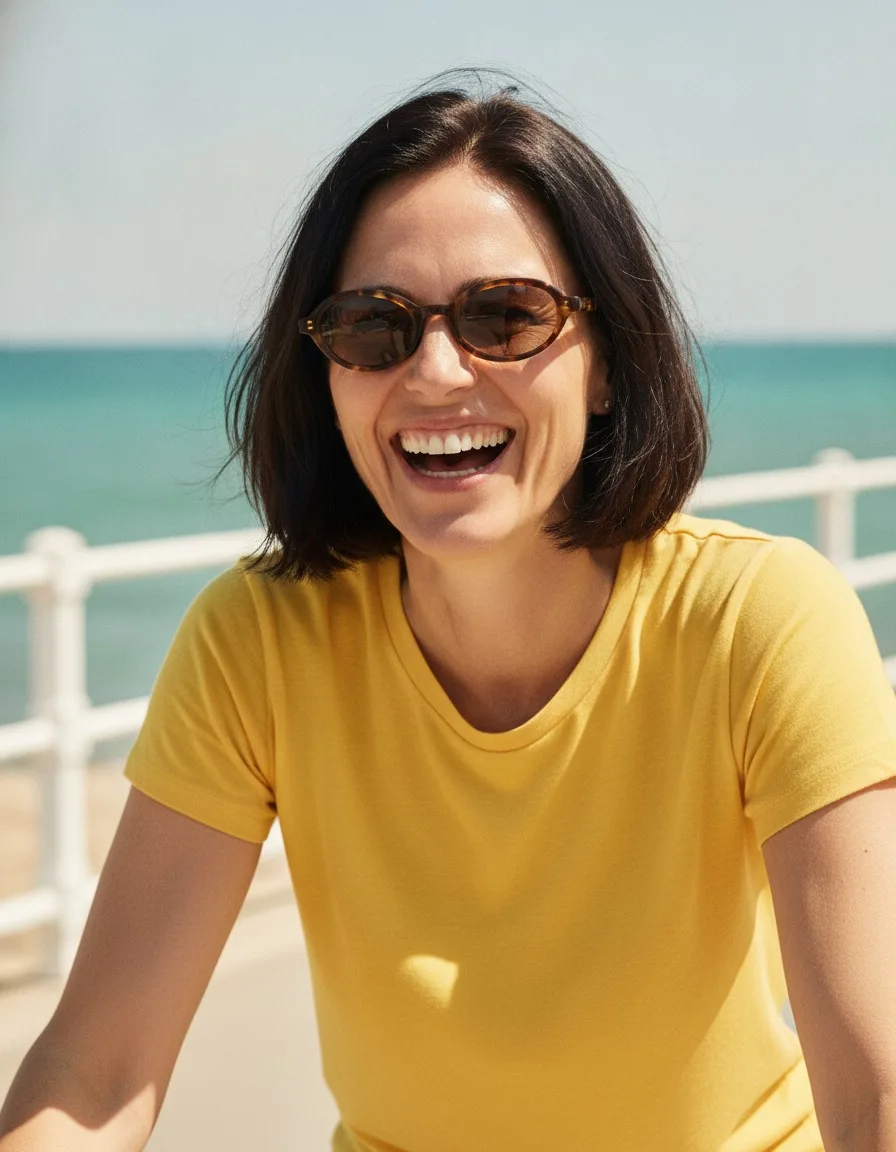 Femme riant portant des lunettes de soleil, tee-shirt jaune, bord de mer