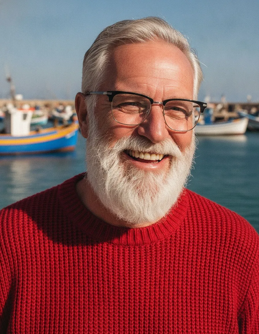 Homme souriant à la barbe blanche portant des lunettes, pull rouge, port de pêche