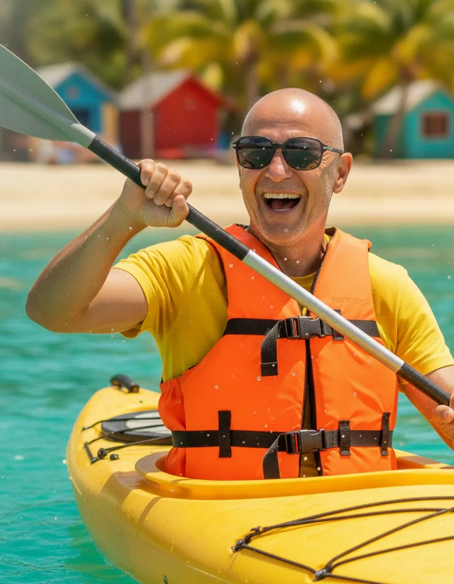 Homme souriant en kayak, gilet de sauvetage orange, cabanes de plage colorées