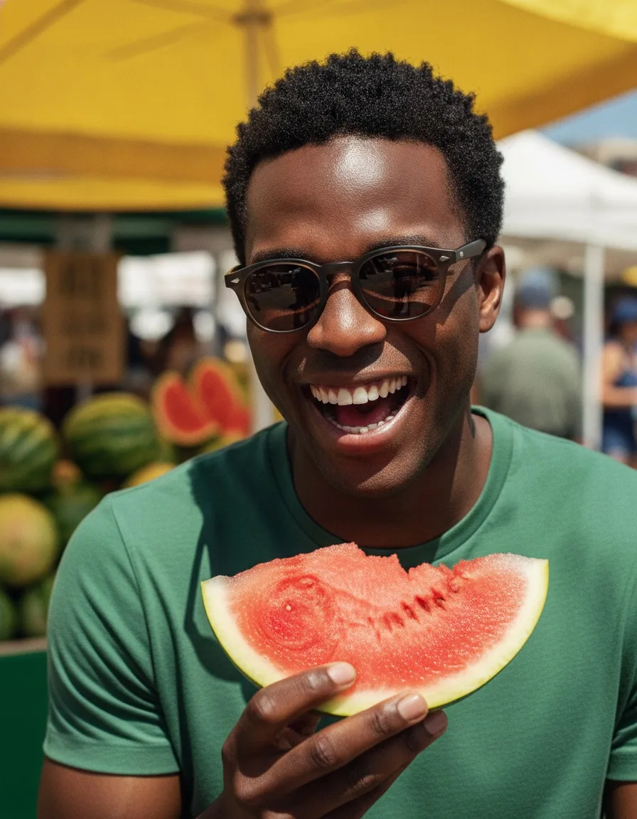 Homme souriant portant des lunettes, croquant une pastèque au marché