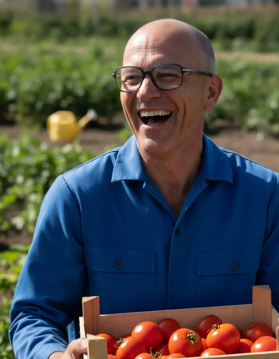 Homme souriant portant des lunettes, caisse de tomates, potager