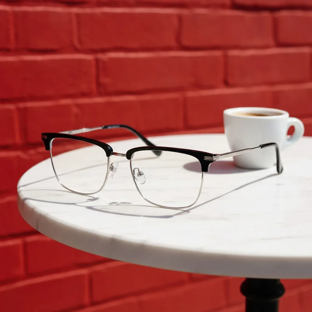 Lunettes clubmaster noires posées sur une table en marbre, fond mur de briques rouges