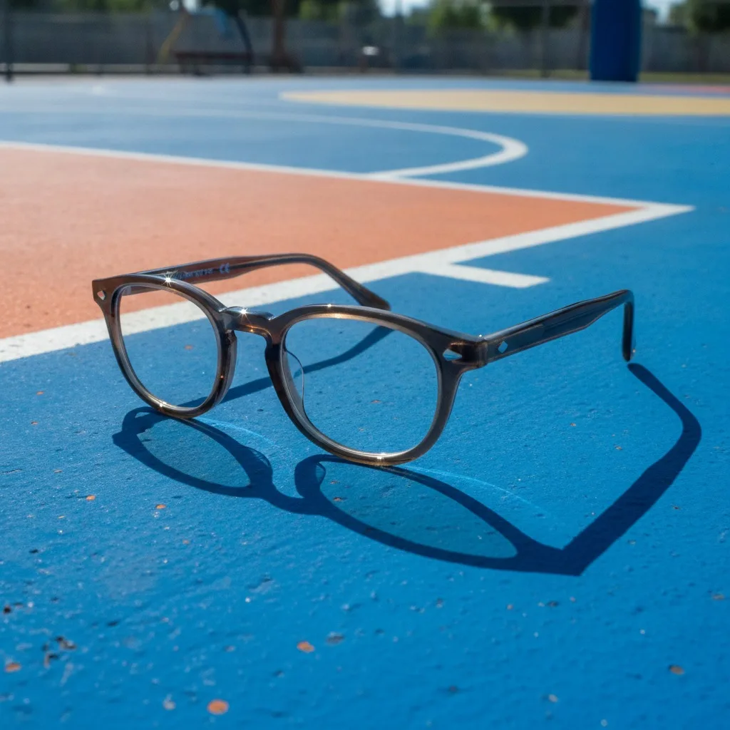 Lunettes rondes fumées posées sur un terrain de basket