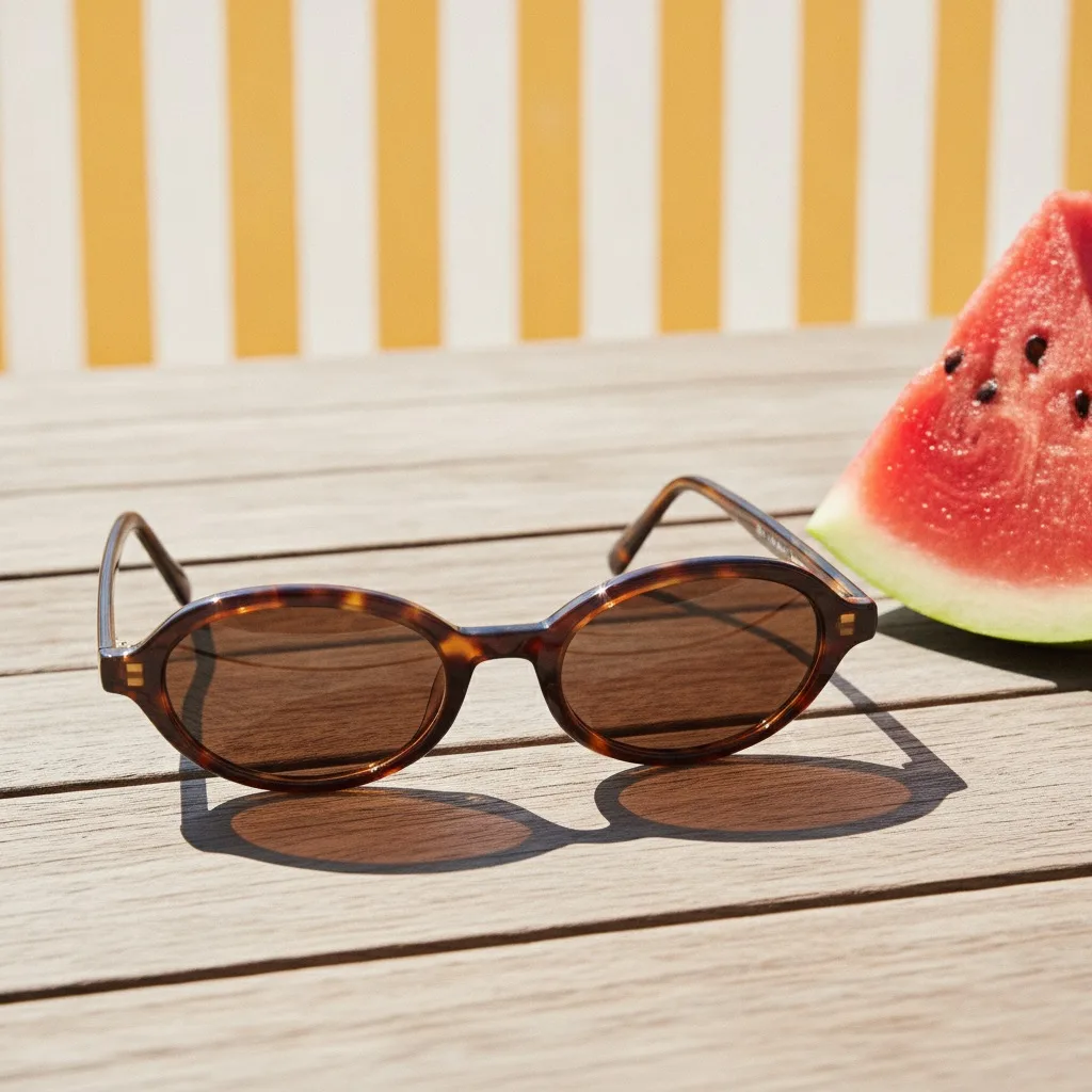 Lunettes de soleil ovales en écaille posées sur une table en bois, à côté d'une tranche de pastèque